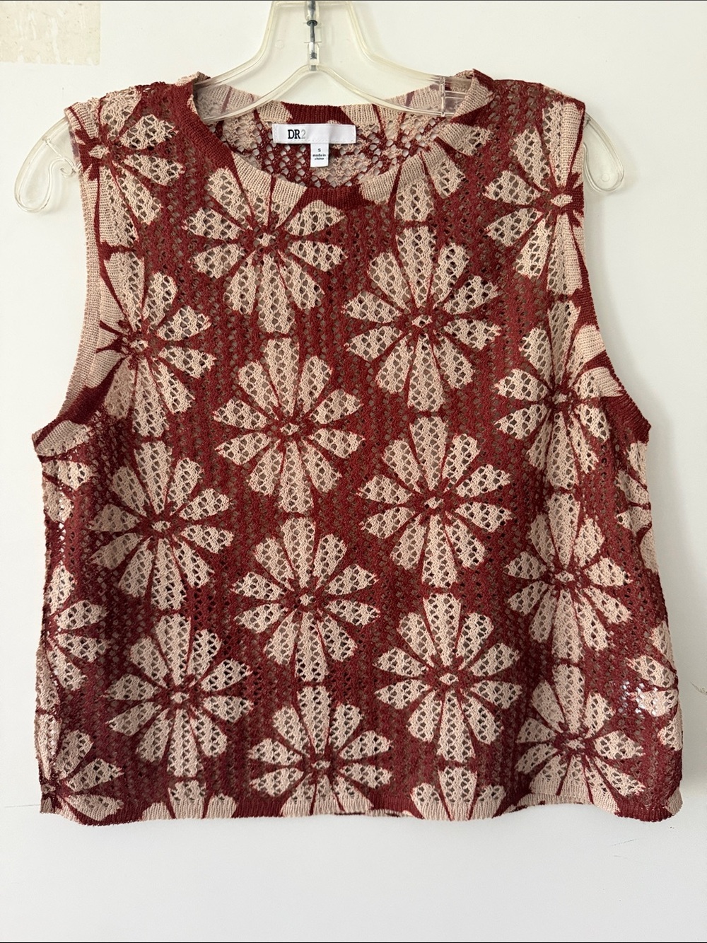 DR2 Crochet Daisy Boho Crochet Knit Tank in Rust and Cream Size S